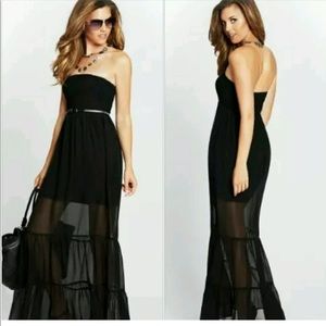 NEW GUESS SMOCKED BLACK STRAPLESS 100% SILK MAXI XS